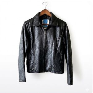 NWT•Leather Works Black Patchwork Leather Jacket Vintage Style Stitching Coat